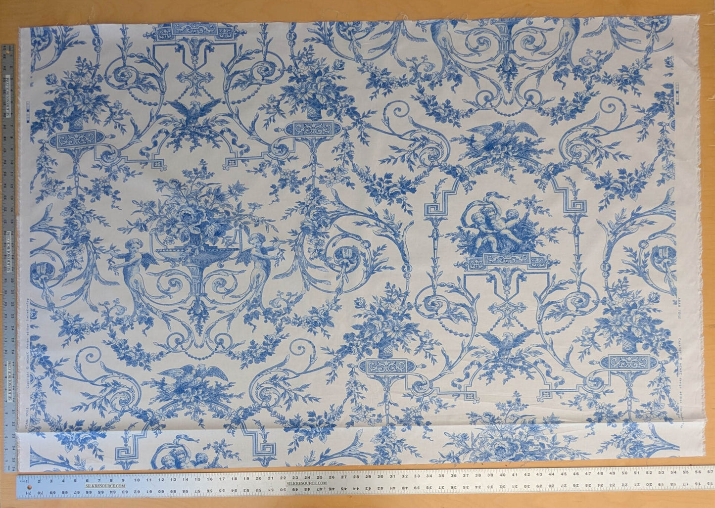 By yard Canvendish Hall Toile Print Historical Angel Cherubs Putti Dove Love Renaissance Toile de Jouy Blue on White