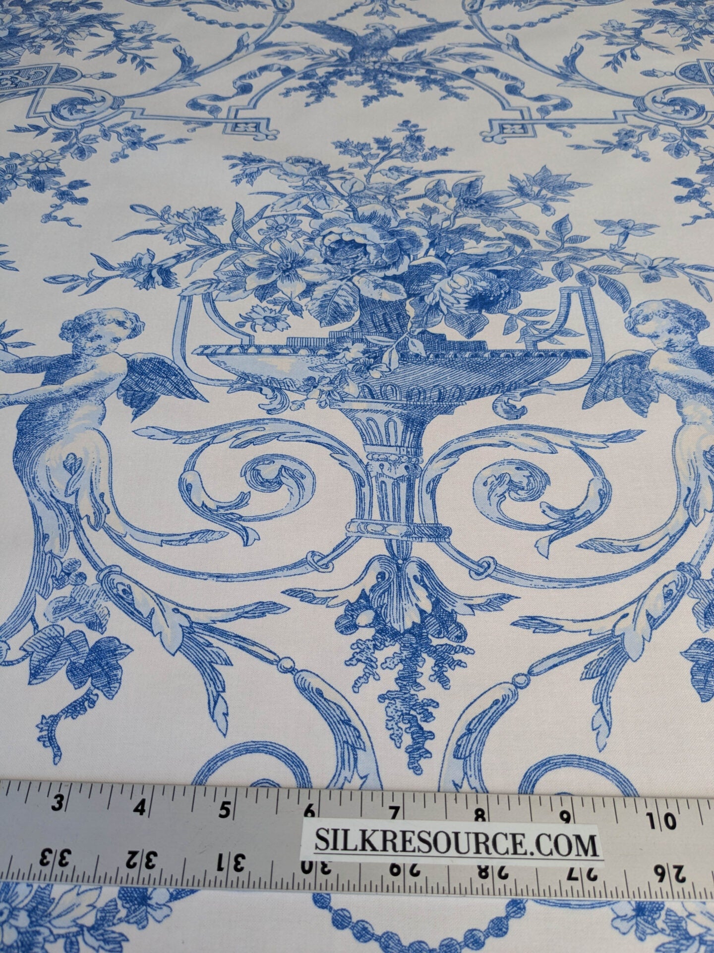 By yard Canvendish Hall Toile Print Historical Angel Cherubs Putti Dove Love Renaissance Toile de Jouy Blue on White