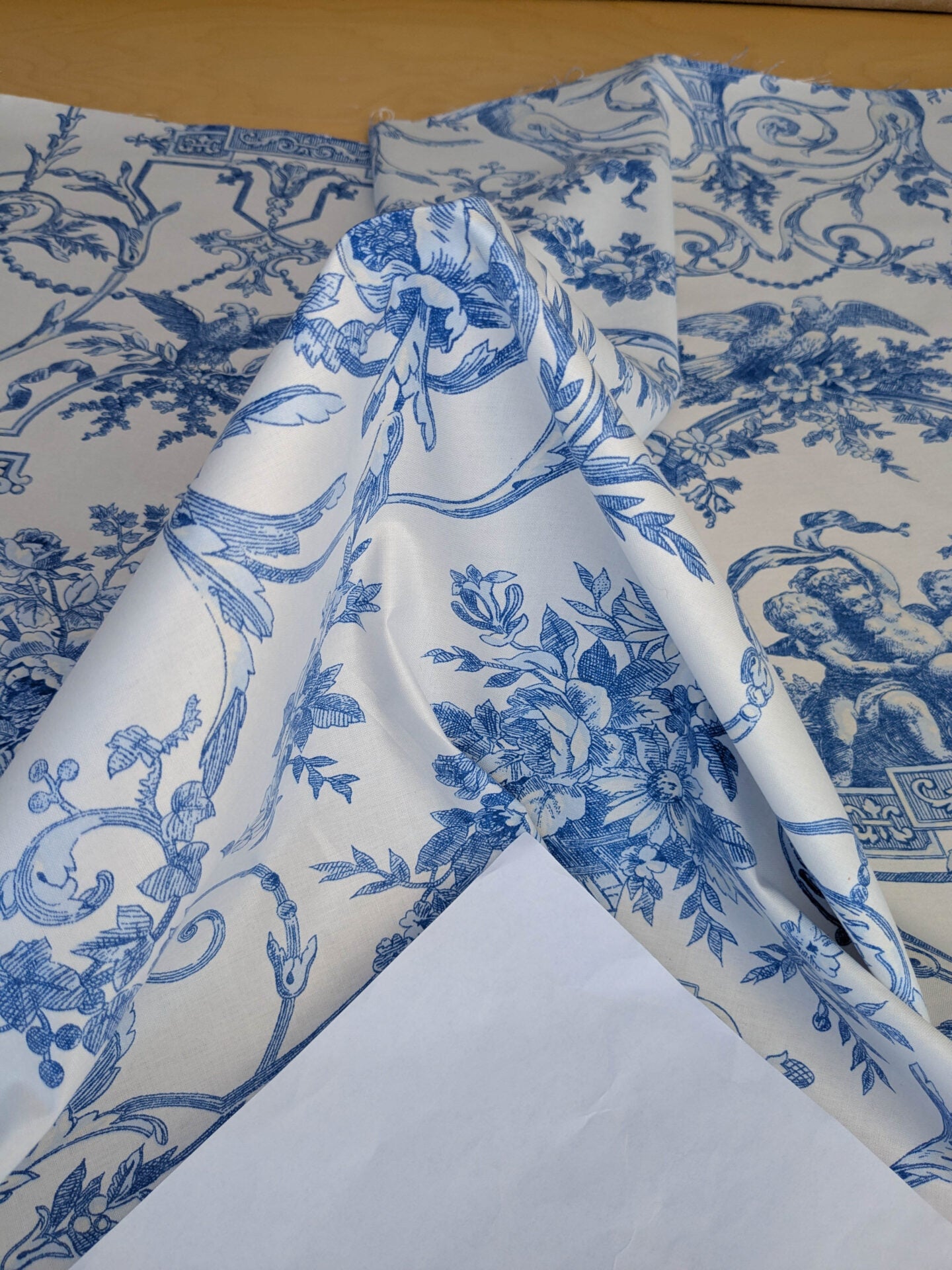By yard Canvendish Hall Toile Print Historical Angel Cherubs Putti Dove Love Renaissance Toile de Jouy Blue on White