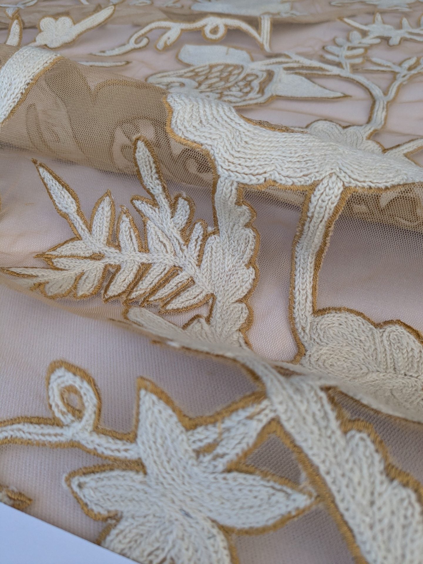 Scalamandre Sikandra Crewel Sheer Ivory Multi Wool Hand Crewel Old World Weavers MSRP USD 770/Y width 39 inches (Narrow)