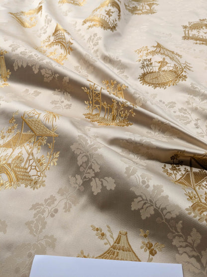 by yard Scalamandre Tassinari &amp; Chatel Pillement Creme Gold Cream Chinoiserie Scenic Figurative MSRP USD 1080/y