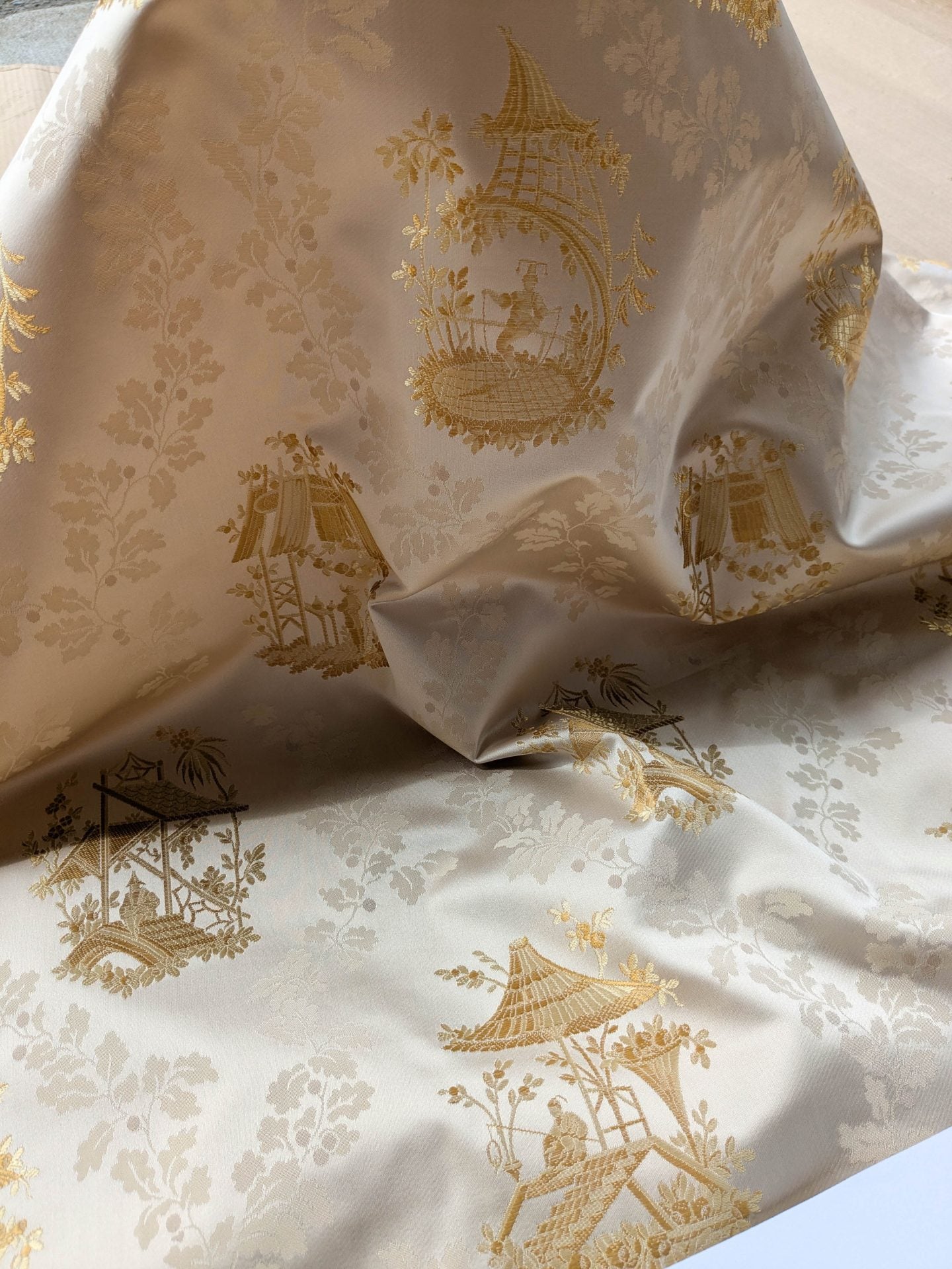 by yard Scalamandre Tassinari &amp; Chatel Pillement Creme Gold Cream Chinoiserie Scenic Figurative MSRP USD 1080/y