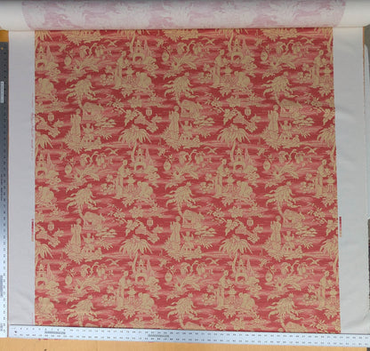 Printemps de Chinoise Chintz Garden Landscape Figure Rose Fabric -Pink Red Gold - By The Yard