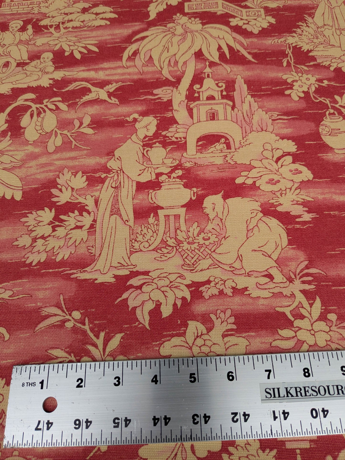 Printemps de Chinoise Chintz Garden Landscape Figure Rose Fabric -Pink Red Gold - By The Yard