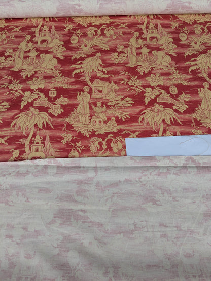 Printemps de Chinoise Chintz Garden Landscape Figure Rose Fabric -Pink Red Gold - By The Yard