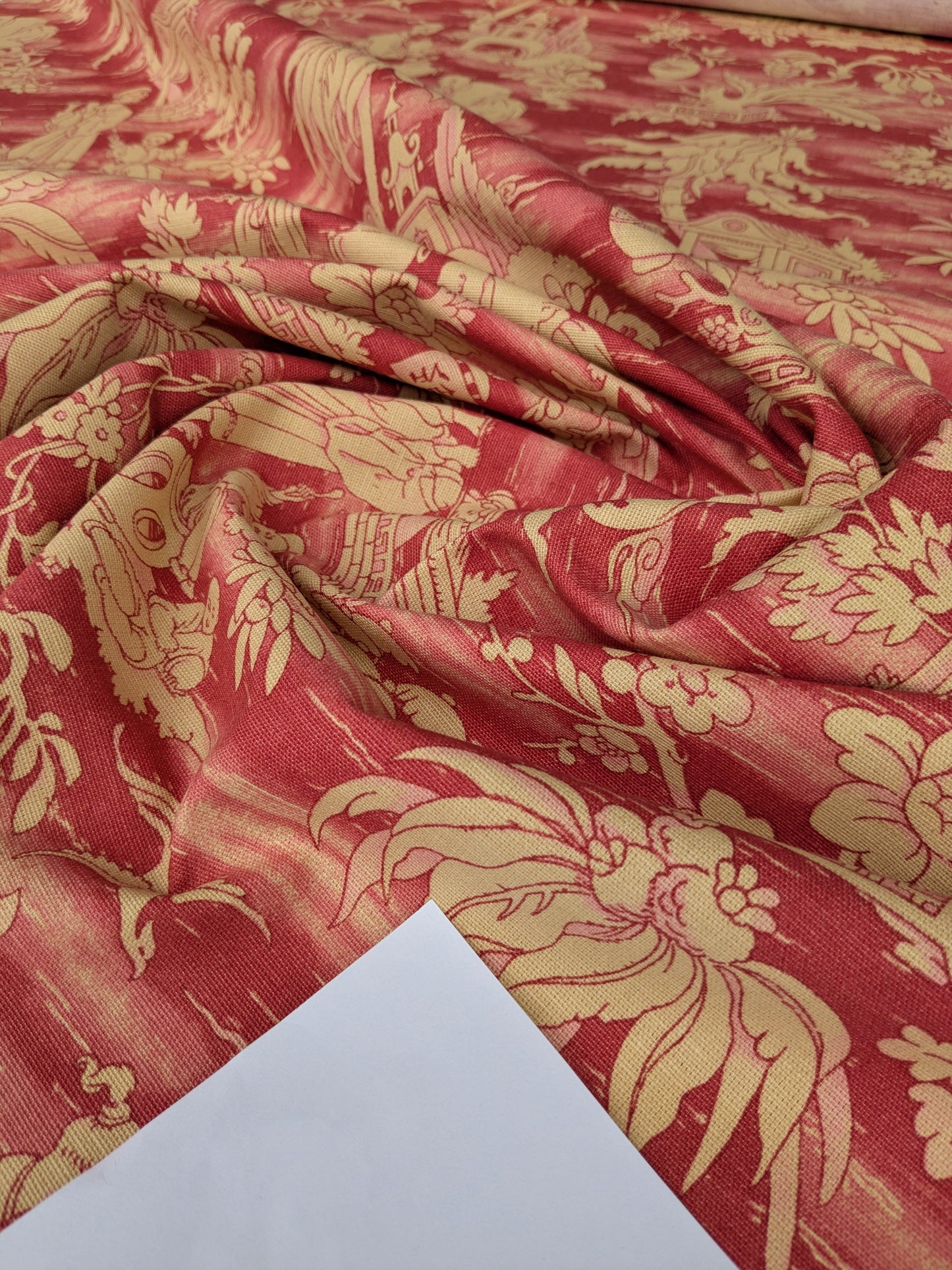 Printemps de Chinoise Chintz Garden Landscape Figure Rose Fabric -Pink Red Gold - By The Yard