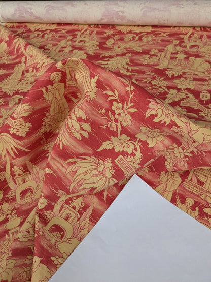 Printemps de Chinoise Chintz Garden Landscape Figure Rose Fabric -Pink Red Gold - By The Yard