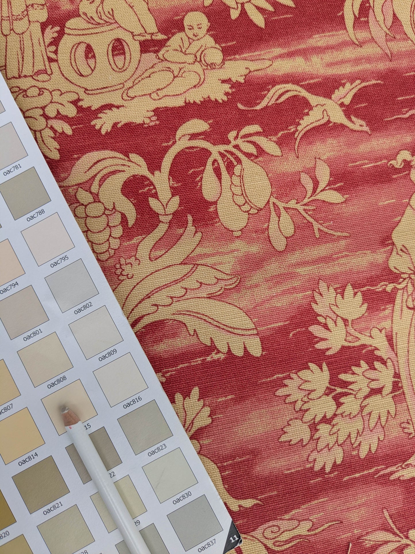 Printemps de Chinoise Chintz Garden Landscape Figure Rose Fabric -Pink Red Gold - By The Yard