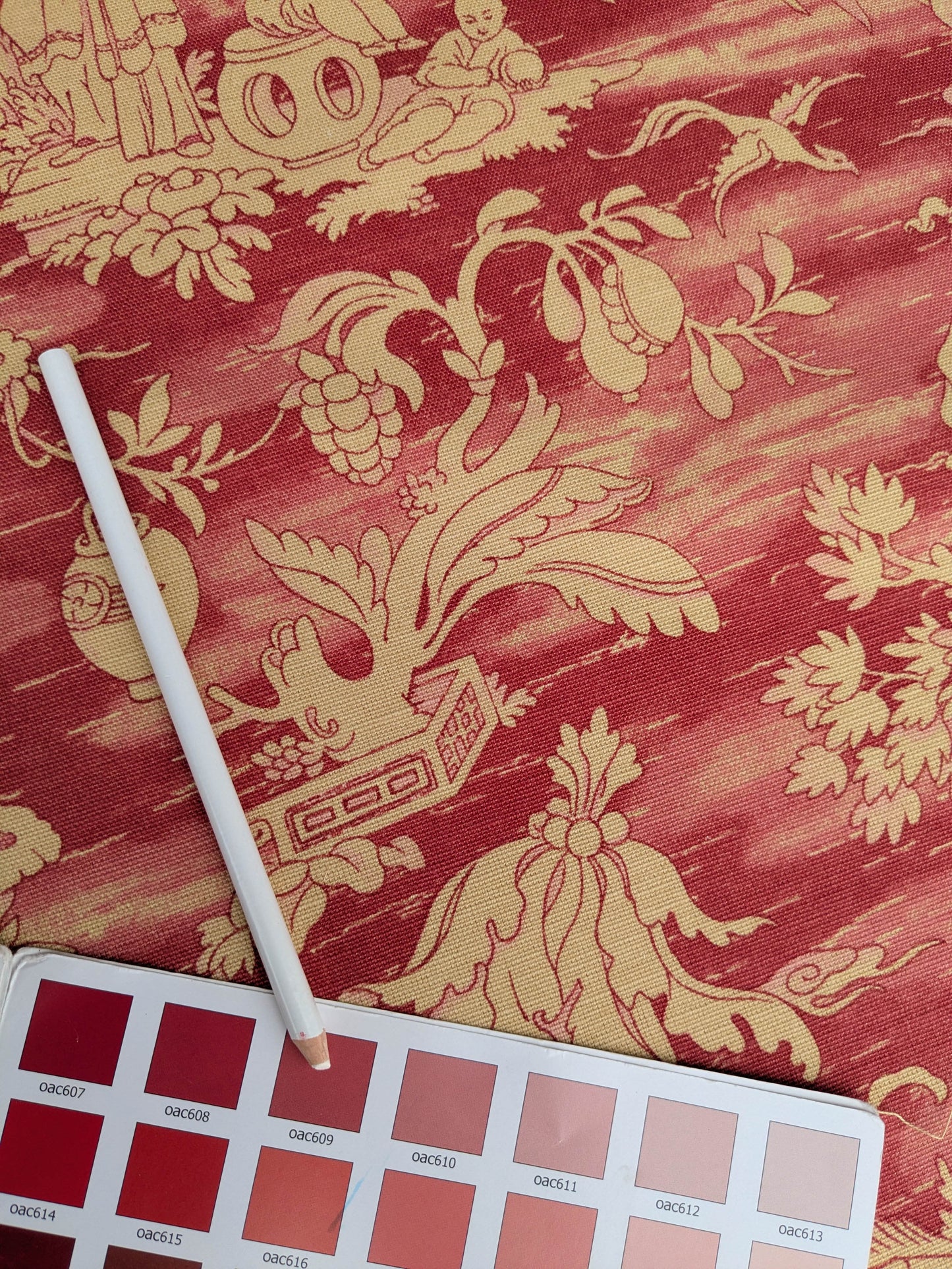 Printemps de Chinoise Chintz Garden Landscape Figure Rose Fabric -Pink Red Gold - By The Yard