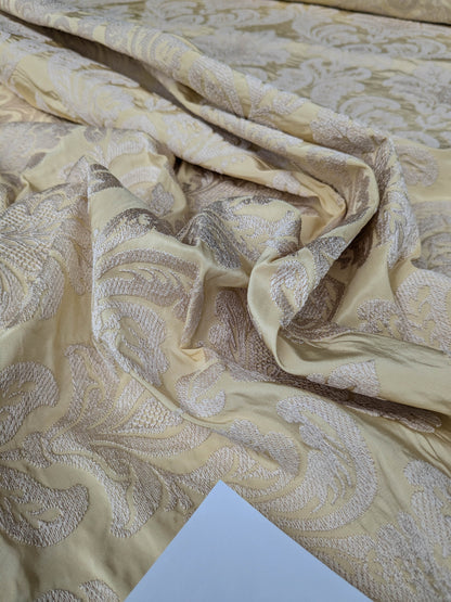 Lovelace Embroidery Renaissance Damask Silk Faille Fabric - Light Yellow - By The Yard