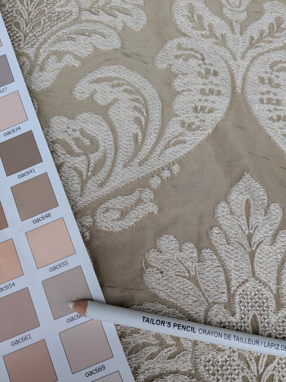 Lovelace Embroidery Renaissance Damask Silk Faille Fabric - Flax Cream - By The Yard