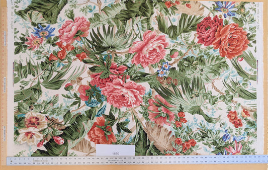 Historical Bella Flora Tropical Floral Chintz Linen Cotton Print Fabric- Pink on White - By The Yard