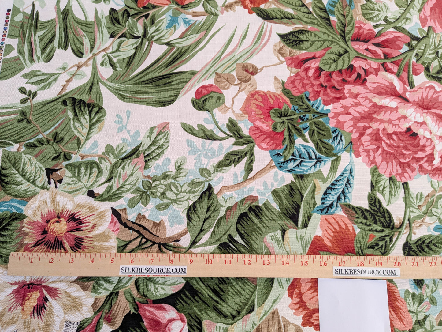 Historical Bella Flora Tropical Floral Chintz Linen Cotton Print Fabric- Pink on White - By The Yard