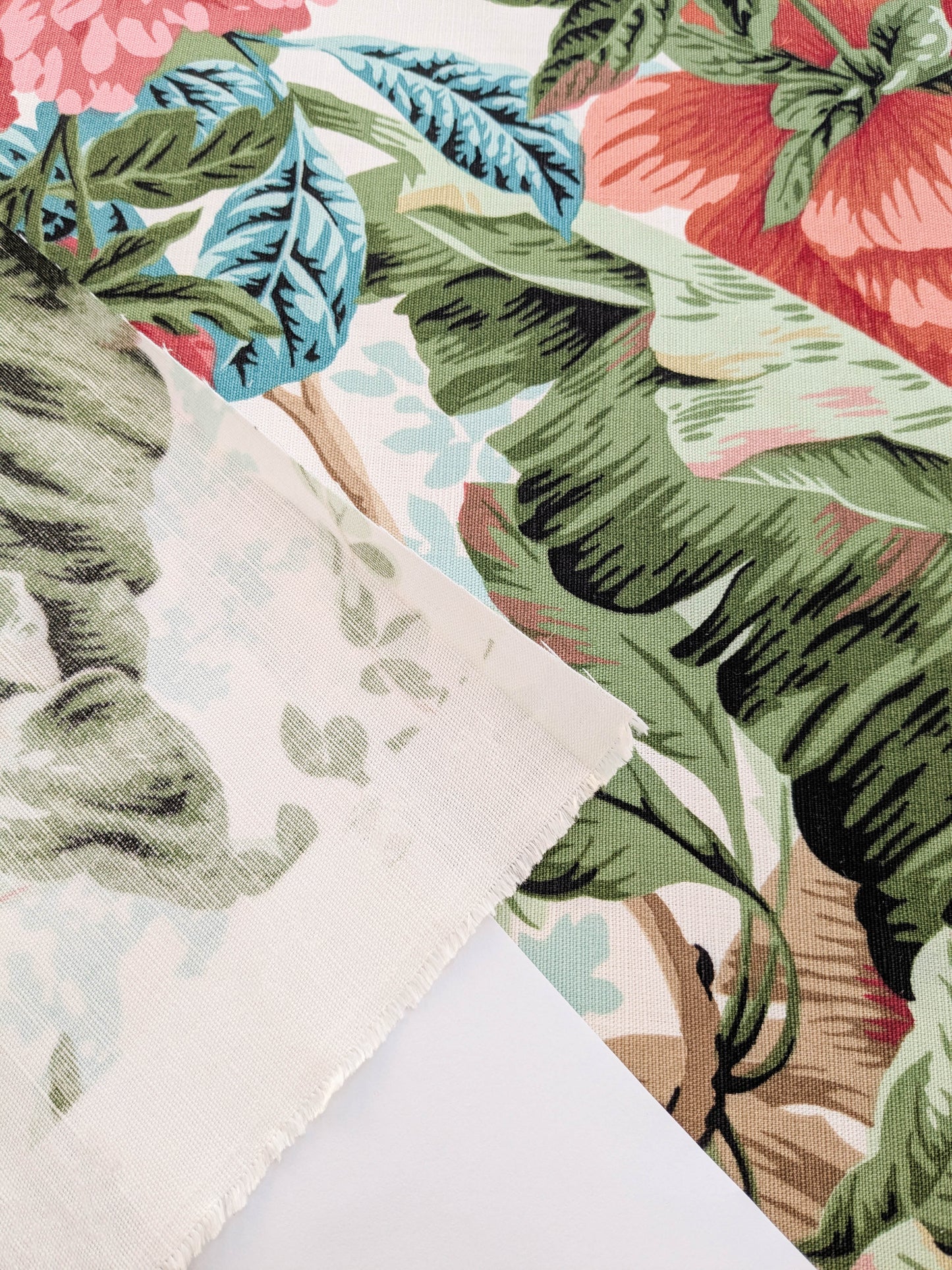 Historical Bella Flora Tropical Floral Chintz Linen Cotton Print Fabric- Pink on White - By The Yard