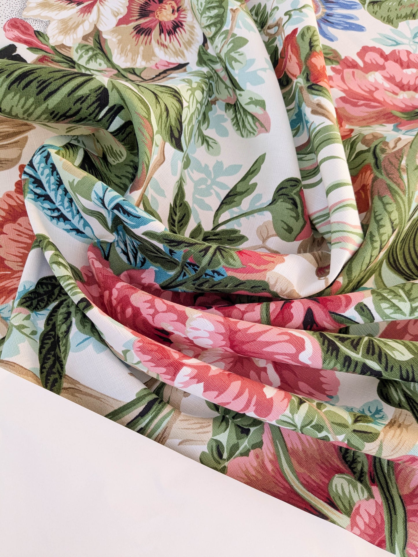 Historical Bella Flora Tropical Floral Chintz Linen Cotton Print Fabric- Pink on White - By The Yard