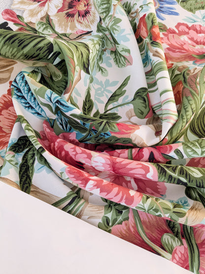 Historical Bella Flora Tropical Floral Chintz Linen Cotton Print Fabric- Pink on White - By The Yard