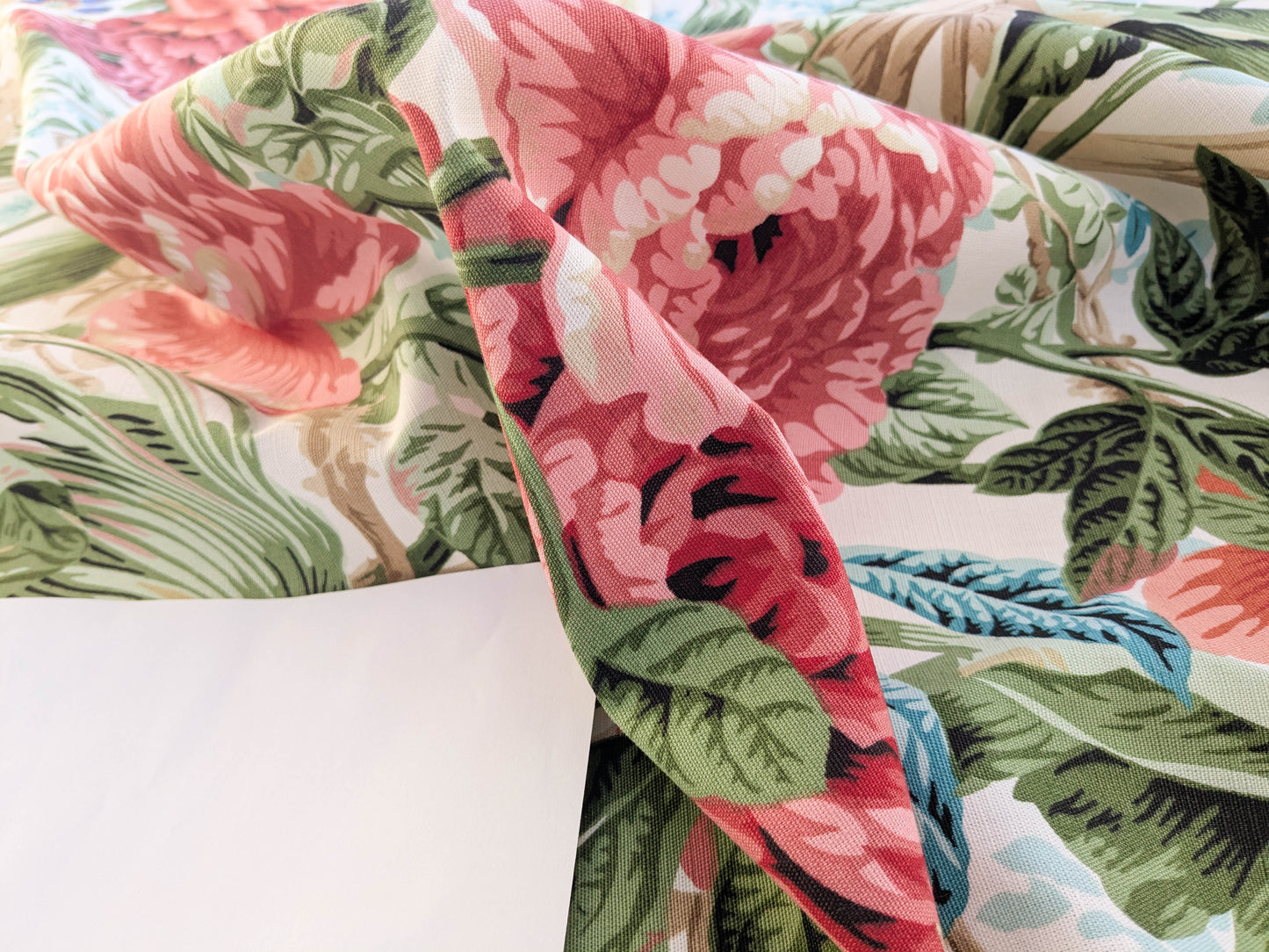 Historical Bella Flora Tropical Floral Chintz Linen Cotton Print Fabric- Pink on White - By The Yard