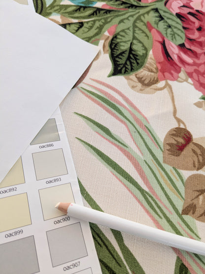 Historical Bella Flora Tropical Floral Chintz Linen Cotton Print Fabric- Pink on White - By The Yard