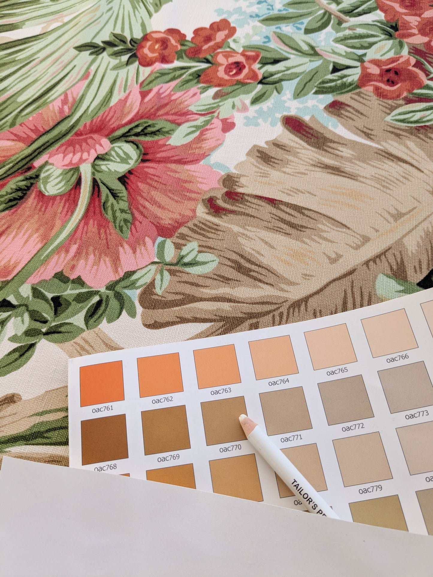 Historical Bella Flora Tropical Floral Chintz Linen Cotton Print Fabric- Pink on White - By The Yard