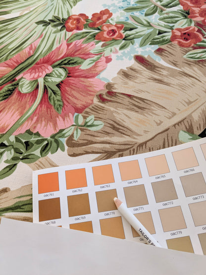 Historical Bella Flora Tropical Floral Chintz Linen Cotton Print Fabric- Pink on White - By The Yard