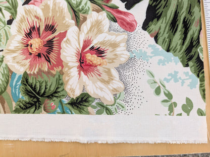 Historical Bella Flora Tropical Floral Chintz Linen Cotton Print Fabric- Pink on White - By The Yard