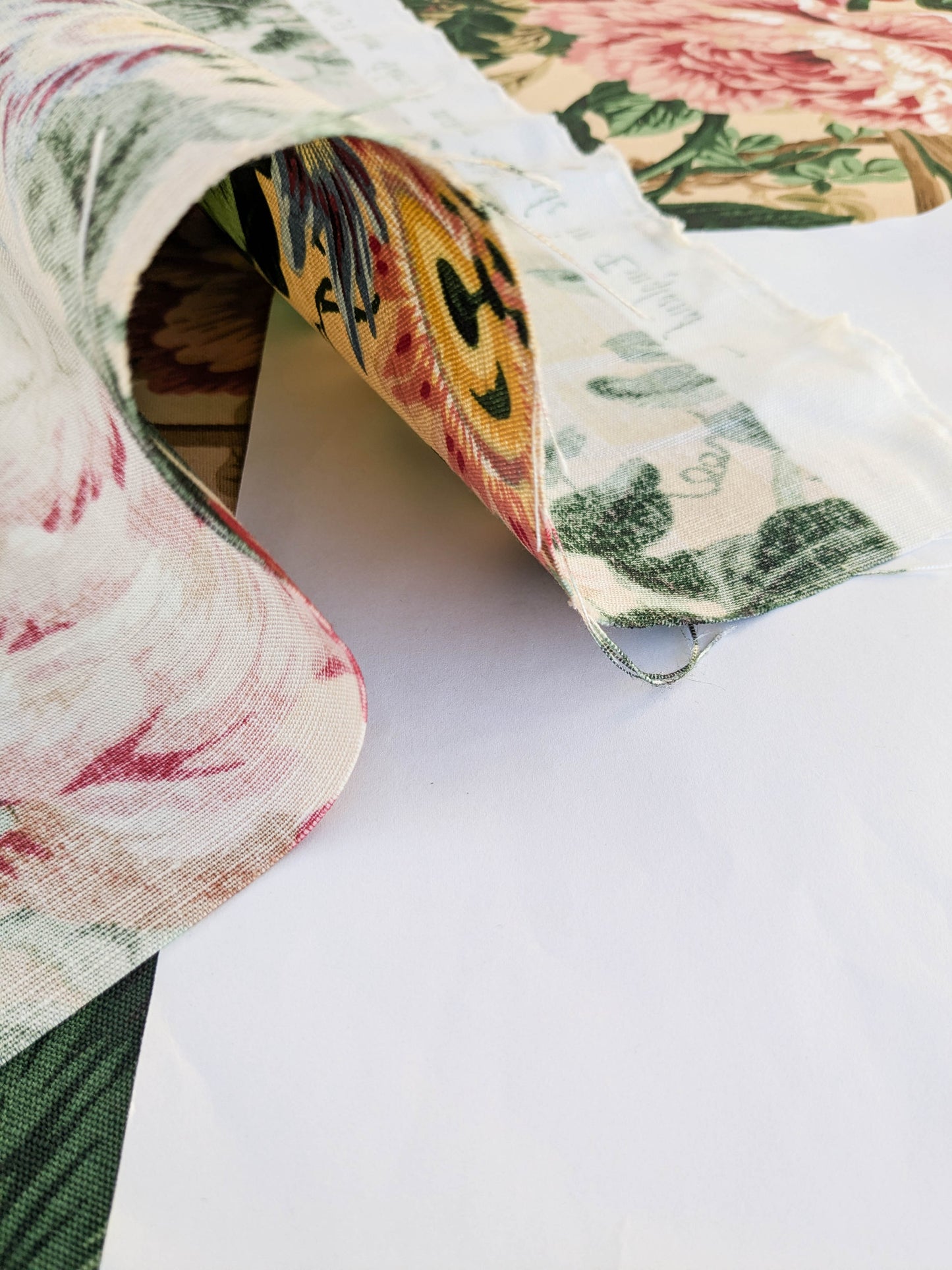 Historical Bella Flora Tropical Floral Chintz Linen Cotton Print Fabric- Pink on  Beige - By The Yard