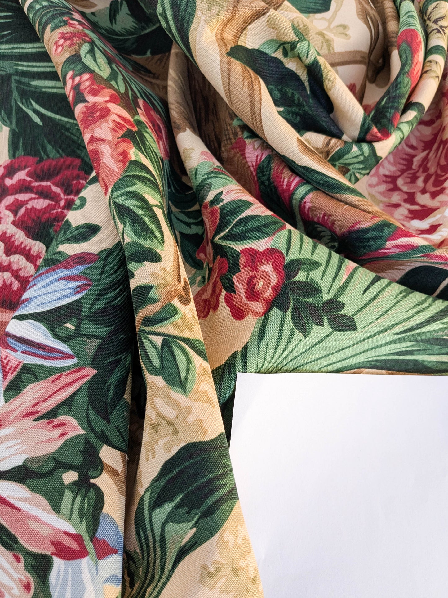 Historical Bella Flora Tropical Floral Chintz Linen Cotton Print Fabric- Pink on  Beige - By The Yard