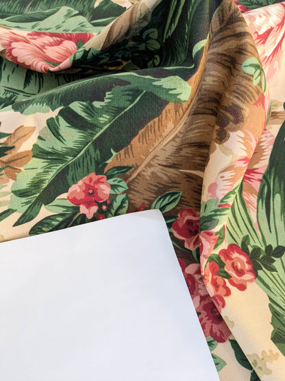 Historical Bella Flora Tropical Floral Chintz Linen Cotton Print Fabric- Pink on  Beige - By The Yard
