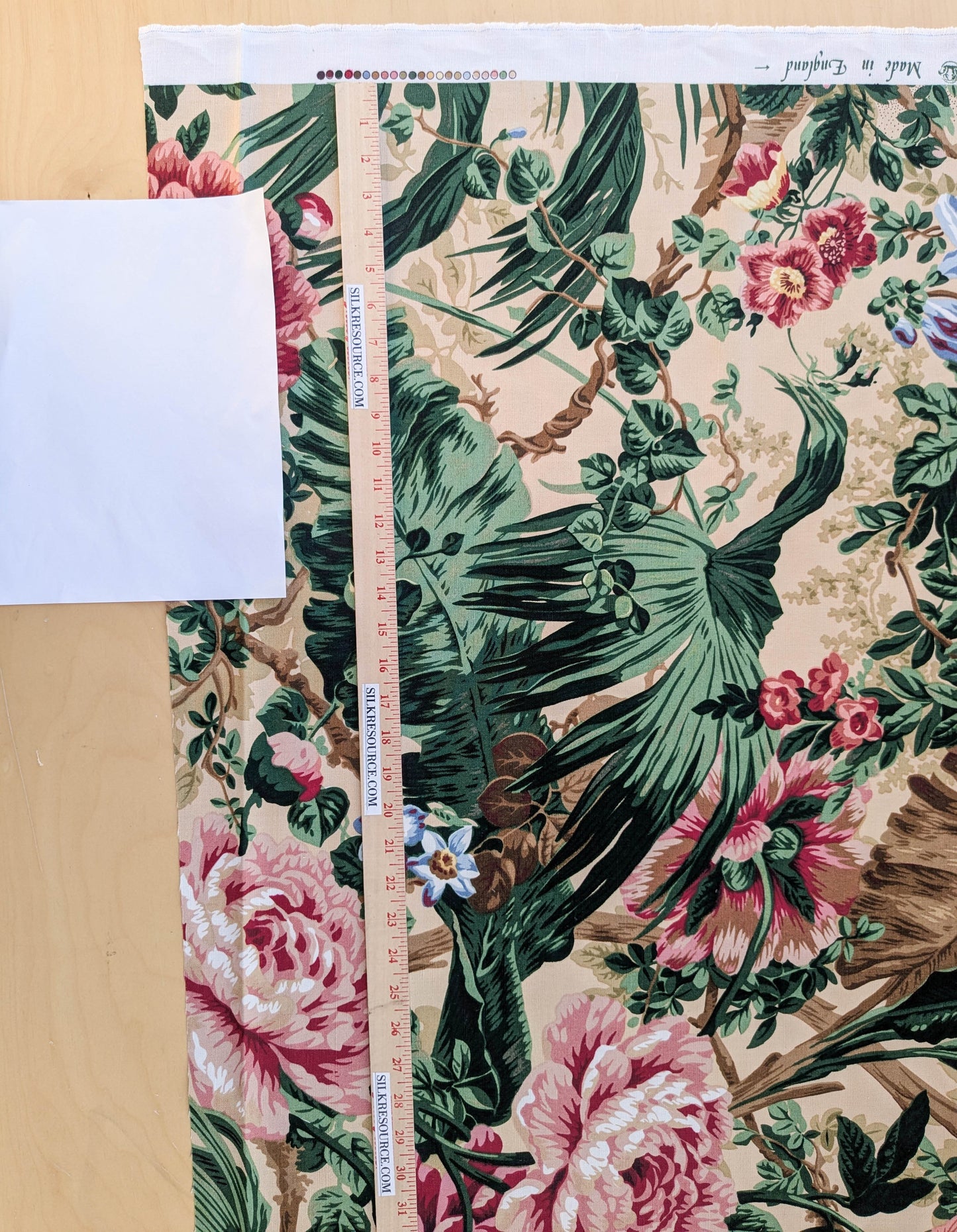 Historical Bella Flora Tropical Floral Chintz Linen Cotton Print Fabric- Pink on  Beige - By The Yard