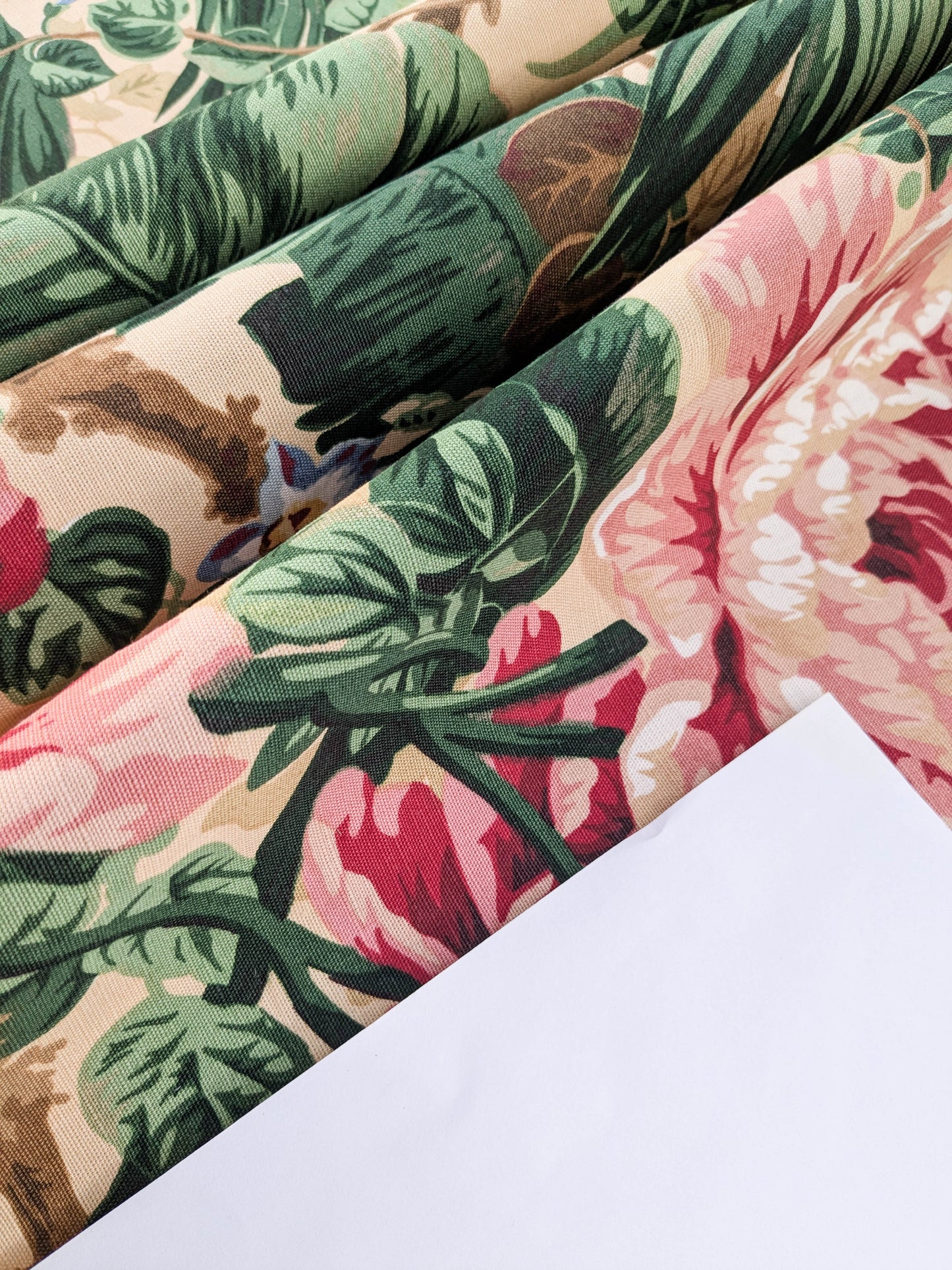 Historical Bella Flora Tropical Floral Chintz Linen Cotton Print Fabric- Pink on  Beige - By The Yard