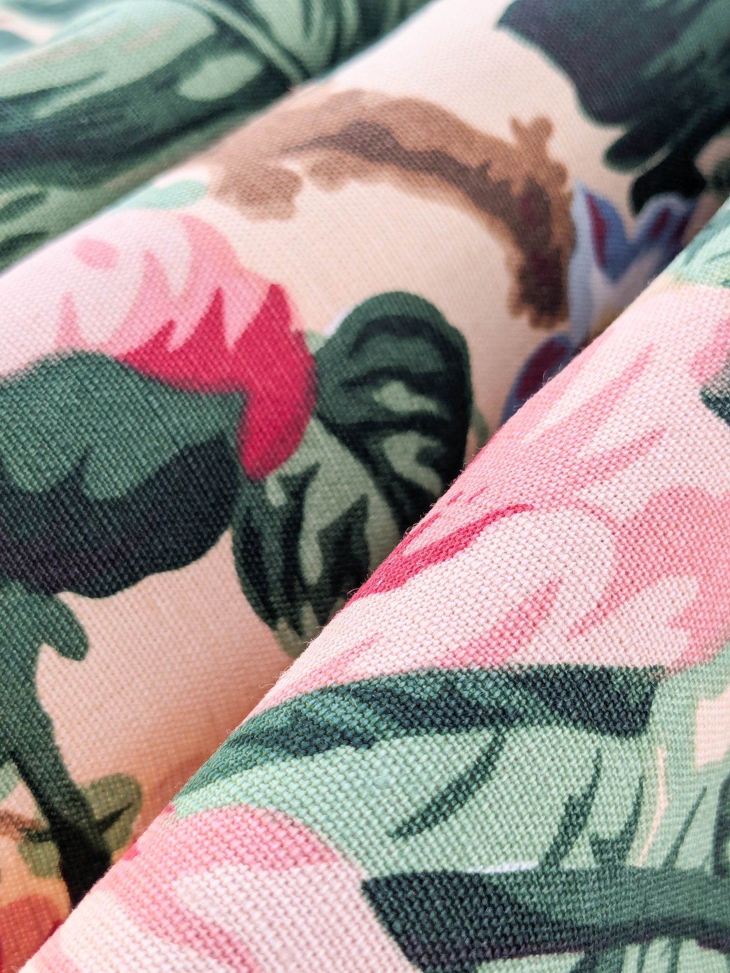 Historical Bella Flora Tropical Floral Chintz Linen Cotton Print Fabric- Pink on  Beige - By The Yard