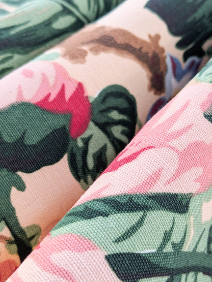 Historical Bella Flora Tropical Floral Chintz Linen Cotton Print Fabric- Pink on  Beige - By The Yard