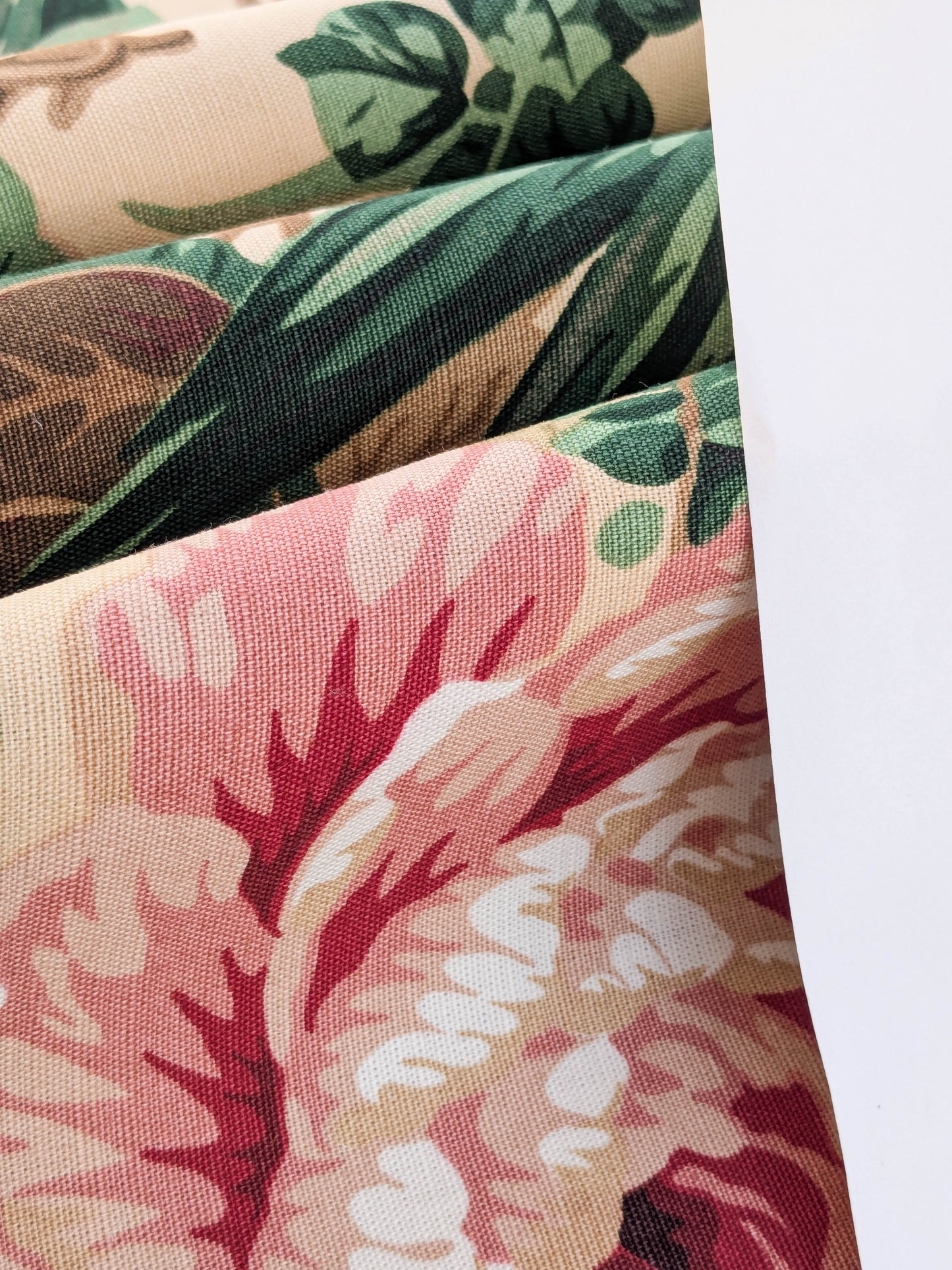 Historical Bella Flora Tropical Floral Chintz Linen Cotton Print Fabric- Pink on  Beige - By The Yard