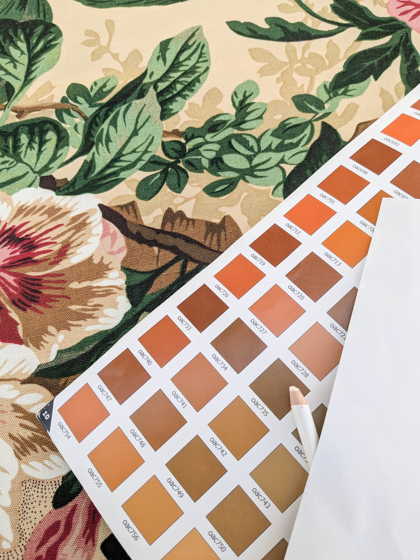 Historical Bella Flora Tropical Floral Chintz Linen Cotton Print Fabric- Pink on  Beige - By The Yard