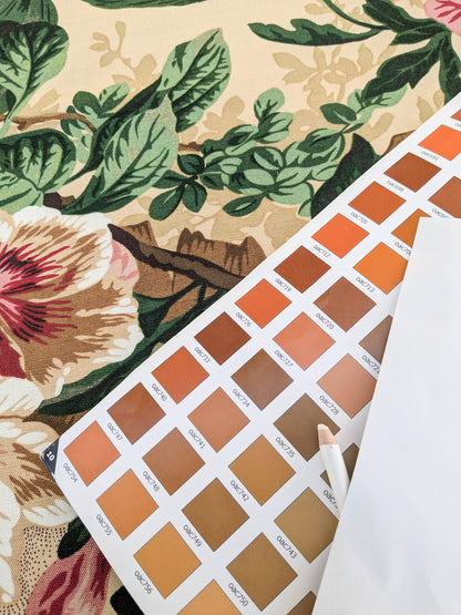 Historical Bella Flora Tropical Floral Chintz Linen Cotton Print Fabric- Pink on  Beige - By The Yard