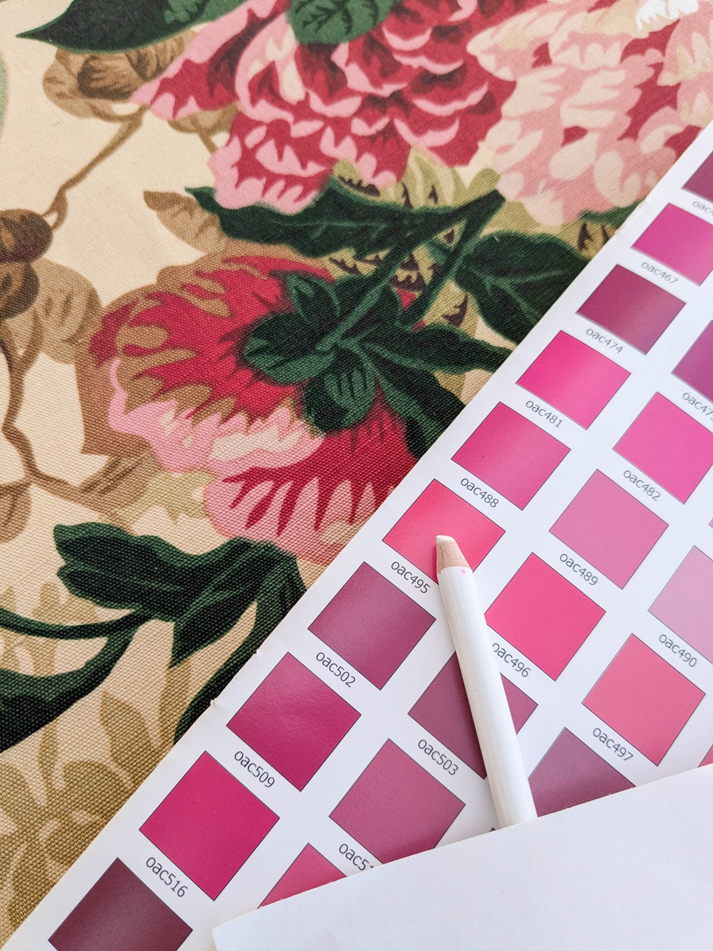 Historical Bella Flora Tropical Floral Chintz Linen Cotton Print Fabric- Pink on  Beige - By The Yard