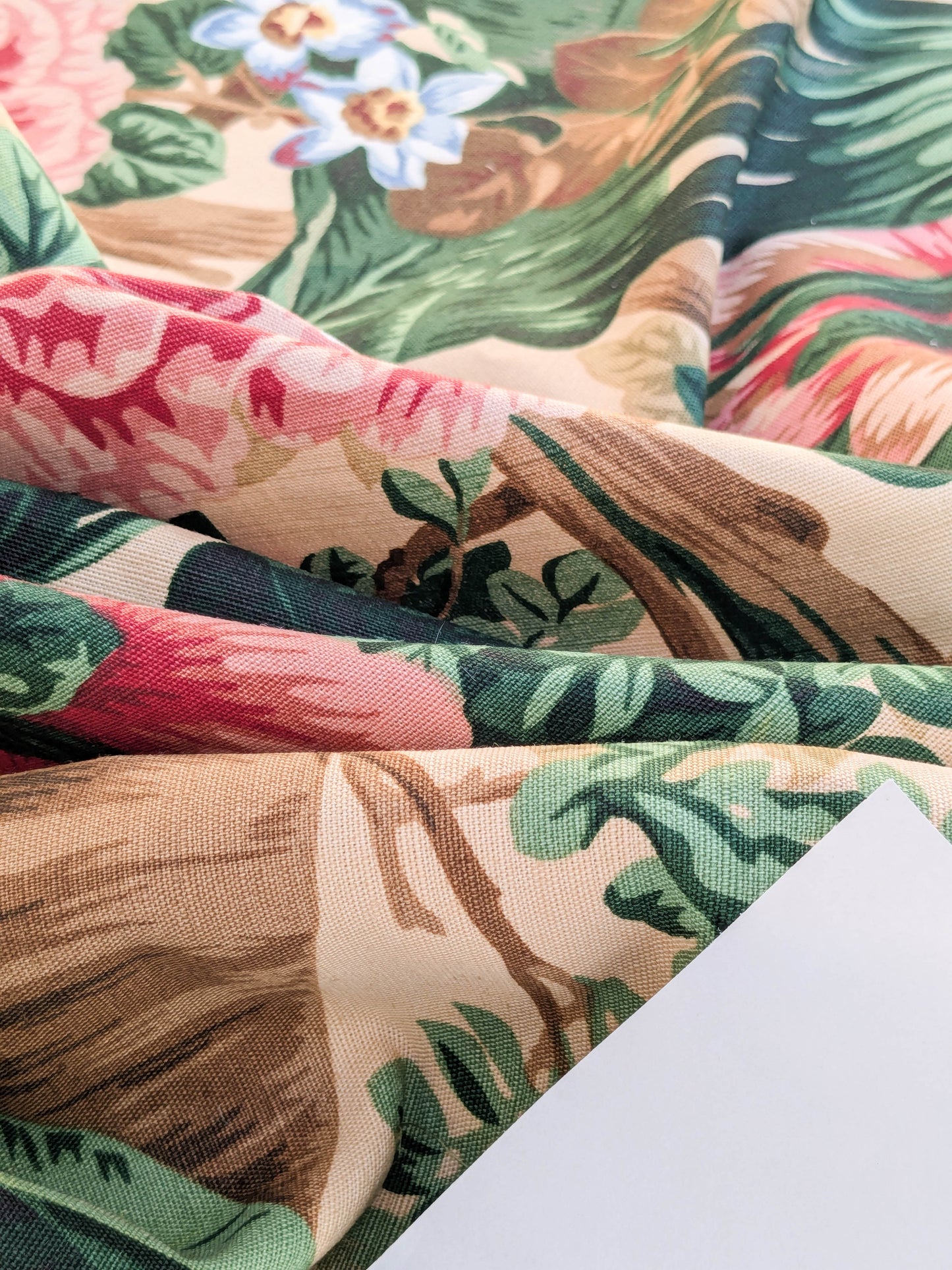 Historical Bella Flora Tropical Floral Chintz Linen Cotton Print Fabric- Pink on  Beige - By The Yard