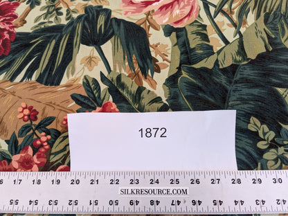 Historical Bella Flora Tropical Floral Chintz Linen Cotton Print Fabric- Pink on Green - By The Yard