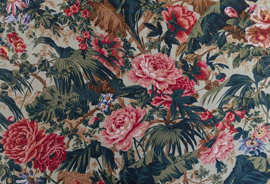 Historical Bella Flora Tropical Floral Chintz Linen Cotton Print Fabric- Pink on Green from UK
