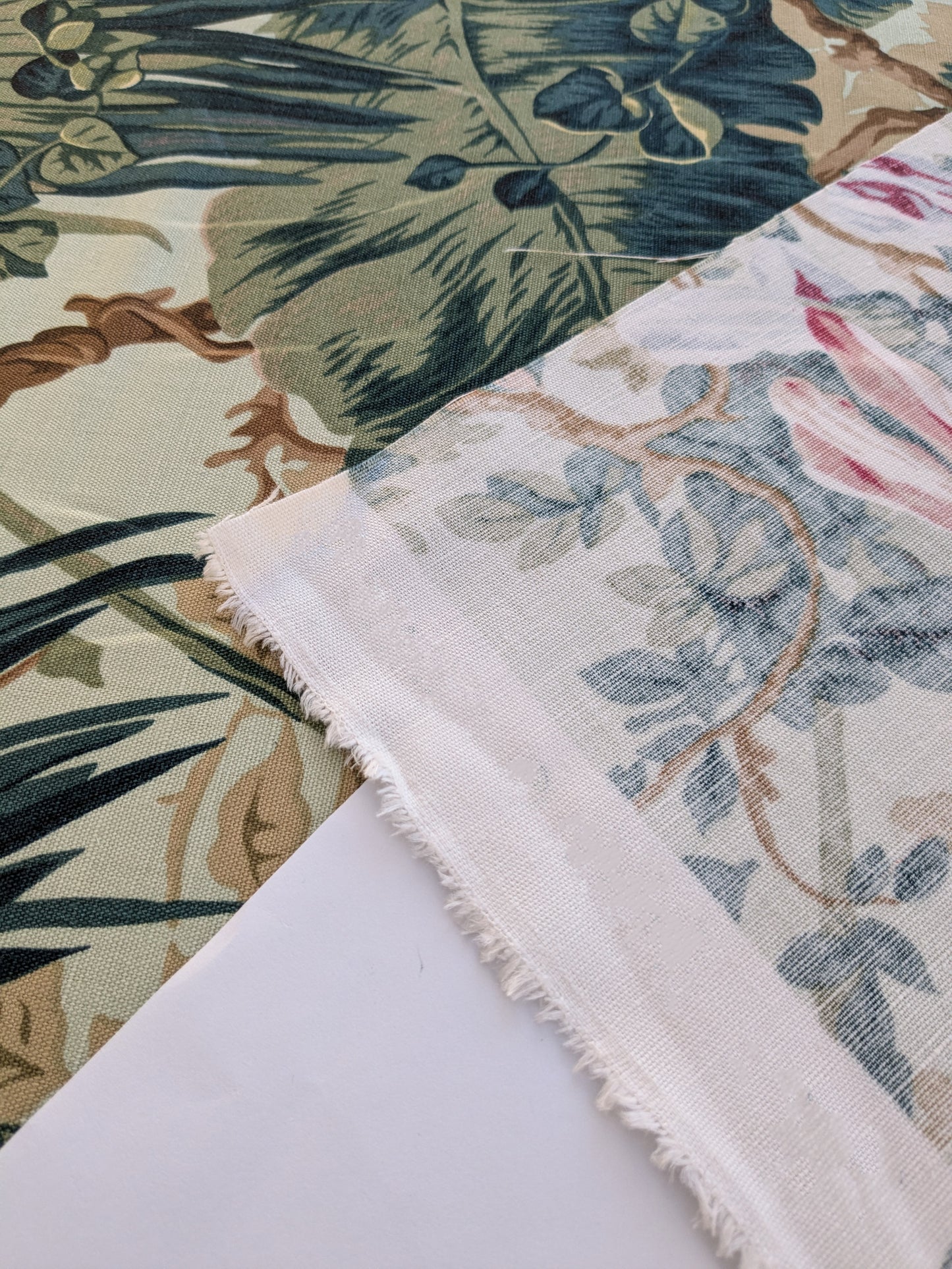 Historical Bella Flora Tropical Floral Chintz Linen Cotton Print Fabric- Pink on Green - By The Yard