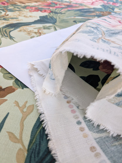 Historical Bella Flora Tropical Floral Chintz Linen Cotton Print Fabric- Pink on Green - By The Yard