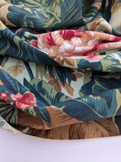 Historical Bella Flora Tropical Floral Chintz Linen Cotton Print Fabric- Pink on Green - By The Yard