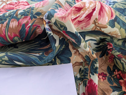 Historical Bella Flora Tropical Floral Chintz Linen Cotton Print Fabric- Pink on Green - By The Yard