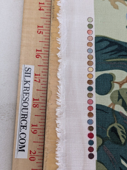 Historical Bella Flora Tropical Floral Chintz Linen Cotton Print Fabric- Pink on Green - By The Yard