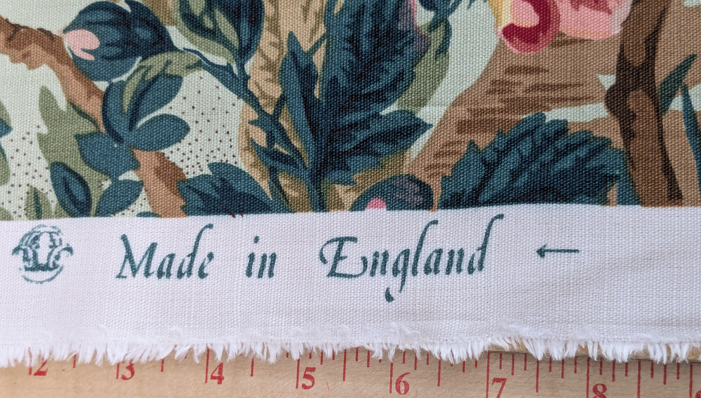 Historical Bella Flora Tropical Floral Chintz Linen Cotton Print Fabric- Pink on Green - By The Yard