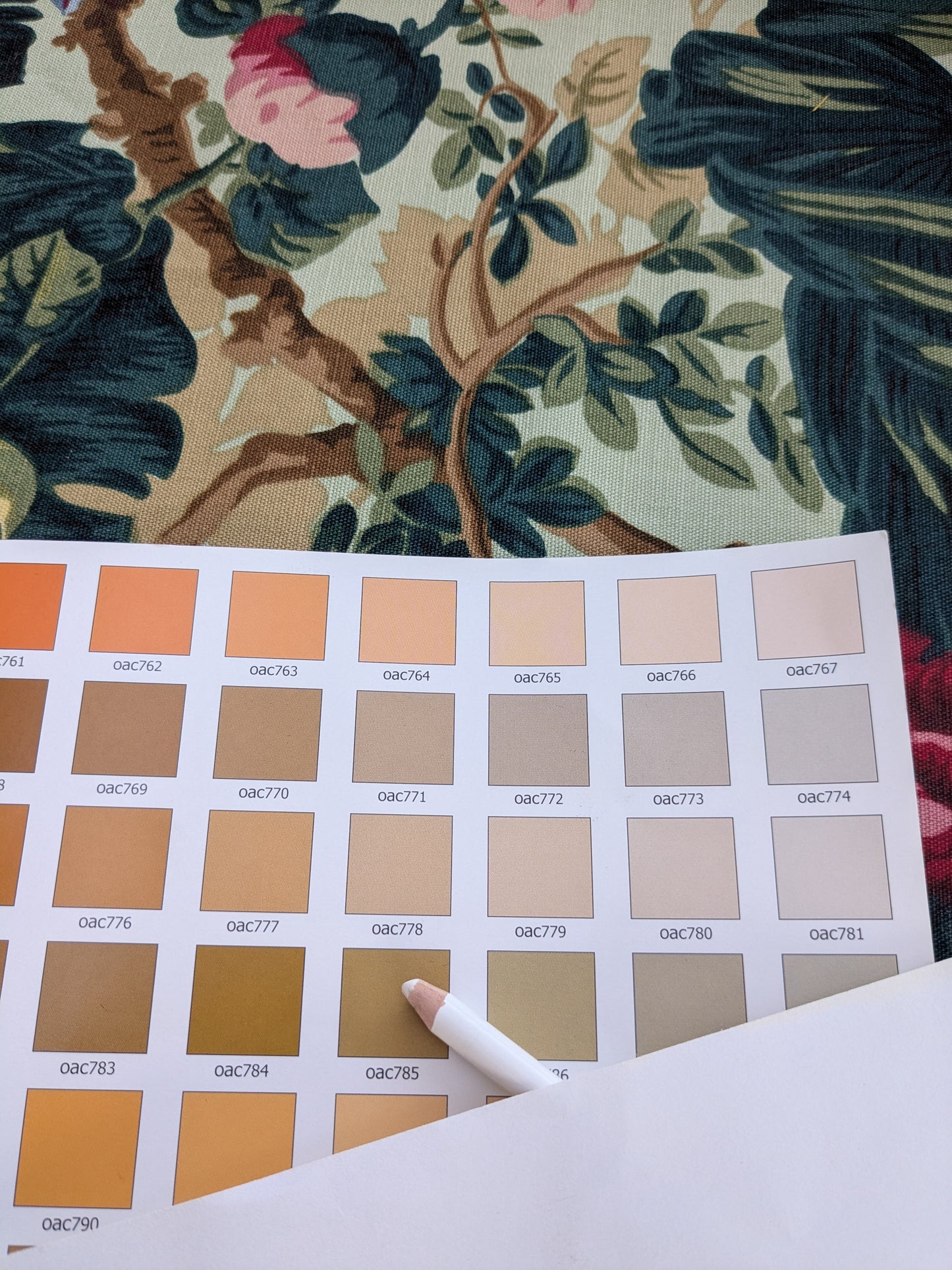 Historical Bella Flora Tropical Floral Chintz Linen Cotton Print Fabric- Pink on Green - By The Yard