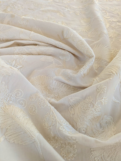 Dauphine Hand Embroidery Linen Cotton Crewel Bone China - White Cream - By The Yard
