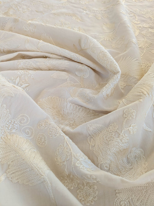 Dauphine Hand Embroidery Linen Cotton Crewel Bone China - White Cream - By The Yard