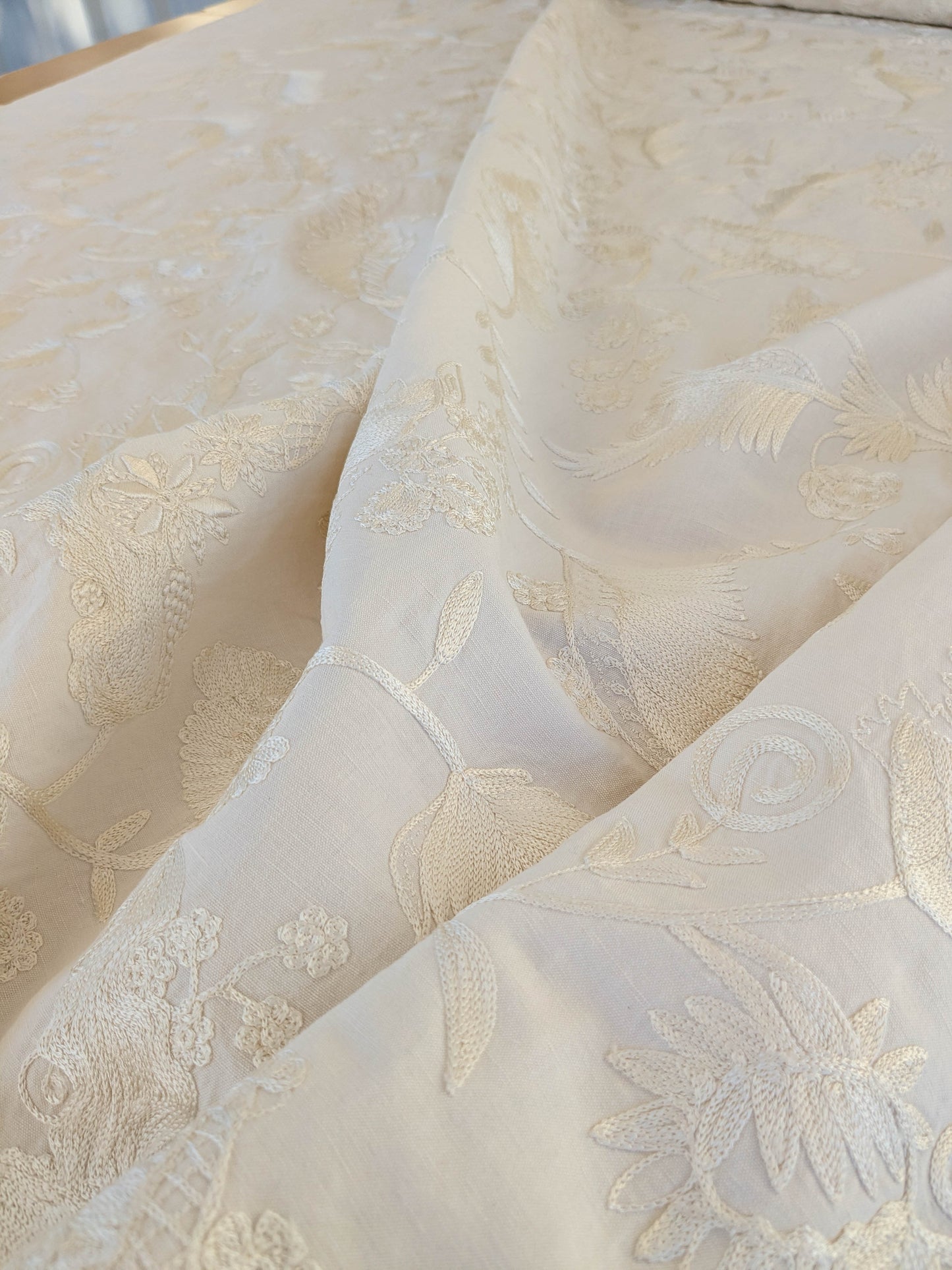 Dauphine Hand Embroidery Linen Cotton Crewel Bone China - White Cream - By The Yard