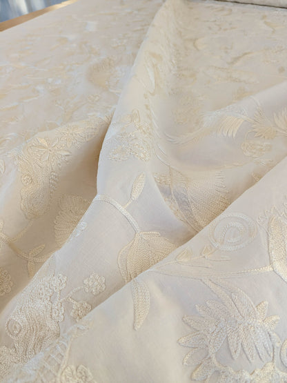 Dauphine Hand Embroidery Linen Cotton Crewel Bone China - White Cream - By The Yard